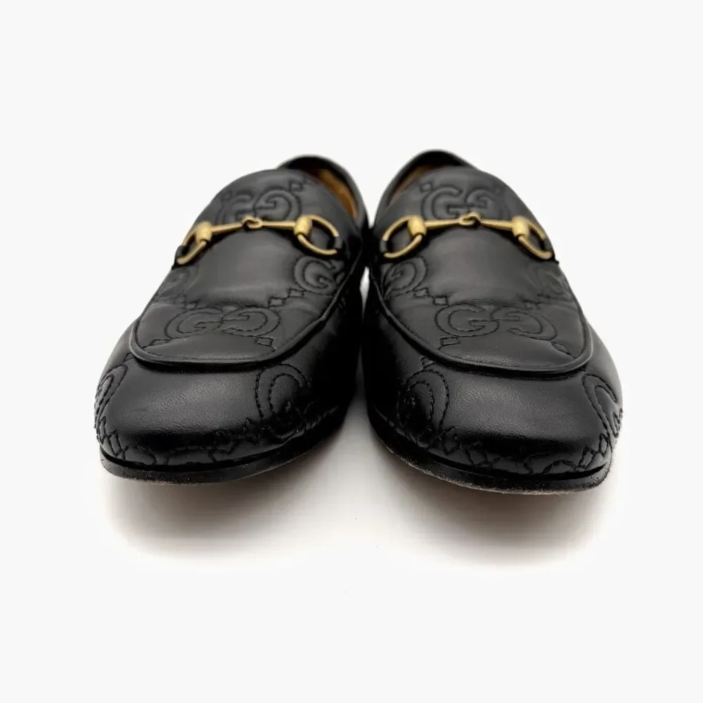 GUCCI Black Embossed Jumbo GG Leather Horsebit Jordaan Loafer Size 38 Flat